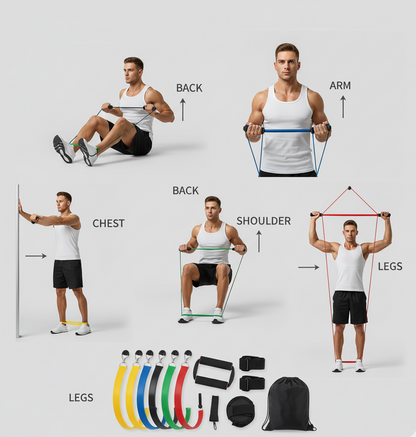 Train overal kracht, mobiliteit en balans in één. De 11-delige Weerstandsbanden Set